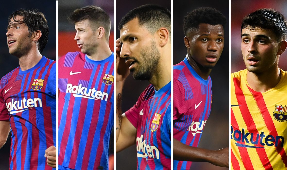 De izquierda a derecha: Sergi Roberto, Piqué, Agüero, Ansu Fati y Pedri, jugadores del Barça