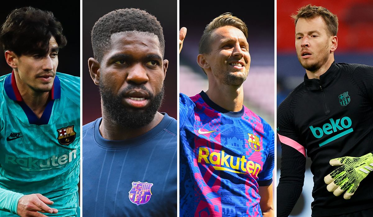 De izquierda a derecha: Collado, Umtiti, De Jong y Neto, jugadores del Barça en la puerta de salida