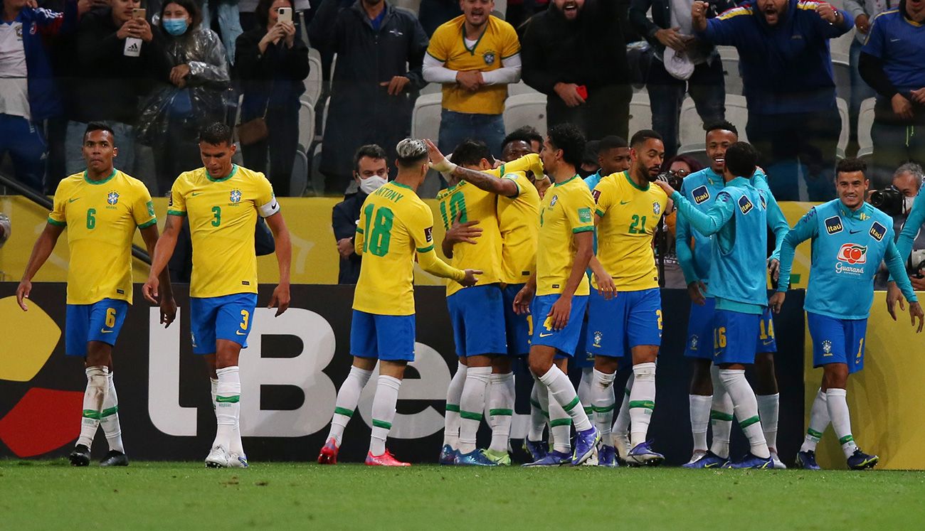 The players of Brazil celebrate a goal
