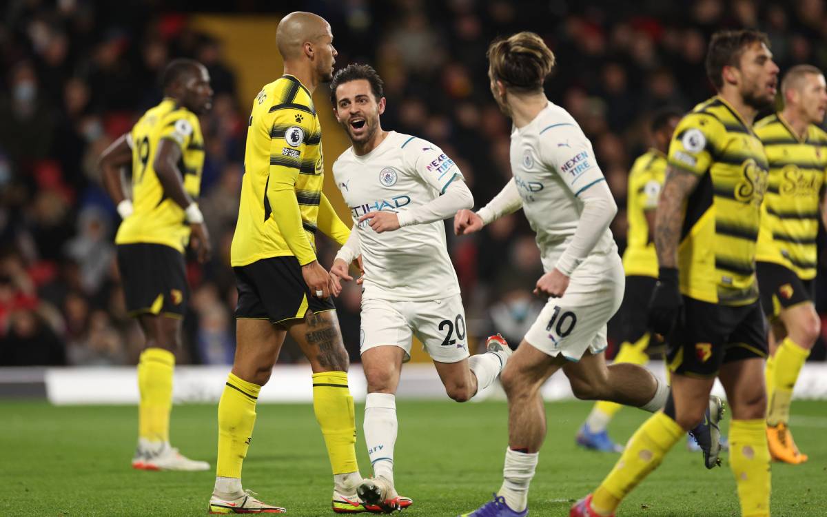 Bernardo Silva celebra uno de sus goles en el Watford-City (1-3)
