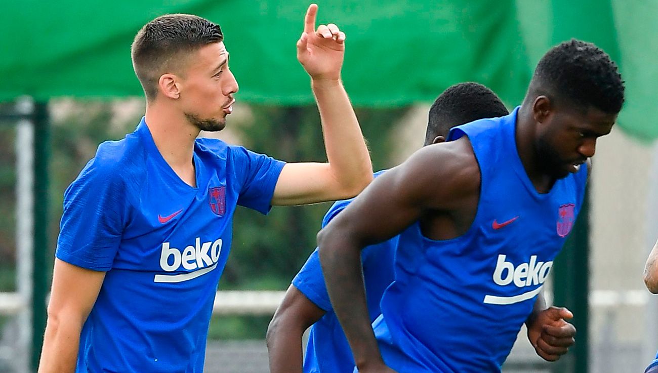 Lenglet y Umtiti en un entrenamiento con el Barça