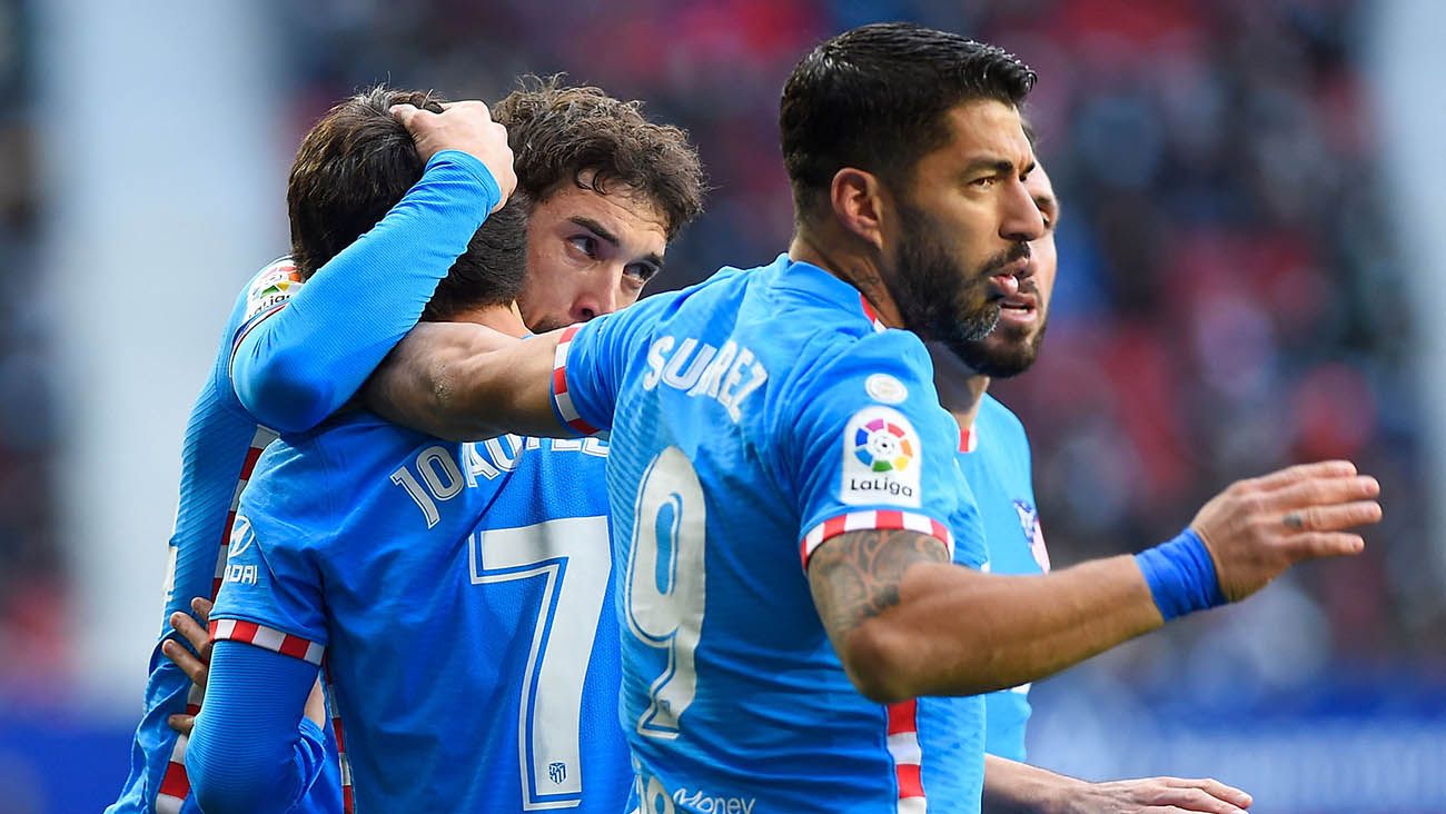 Luis Suárez y sus compañeros celebran un gol con el Atlético de Madrid