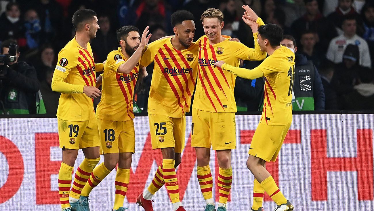 Jugadores del FC Barcelona celebran uno de los goles ante el Napoli