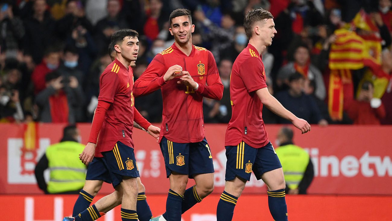 Ferran Torres celebrates his goal in Spain-Albania
