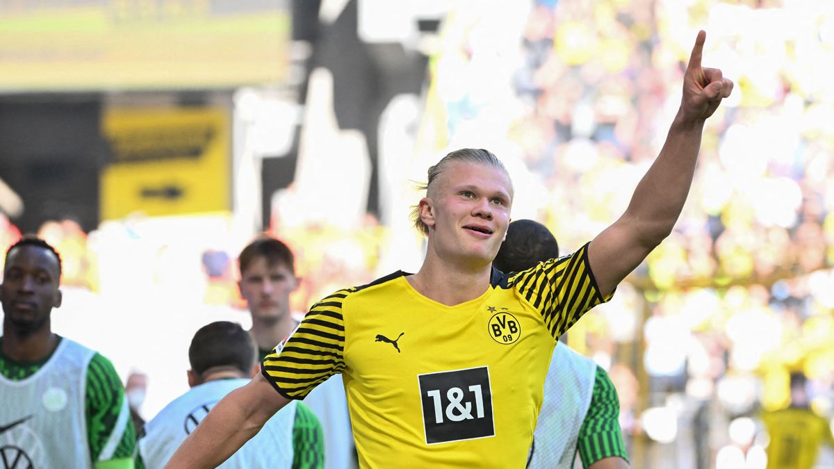 Haaland celebrates a goal against Wolfsburg