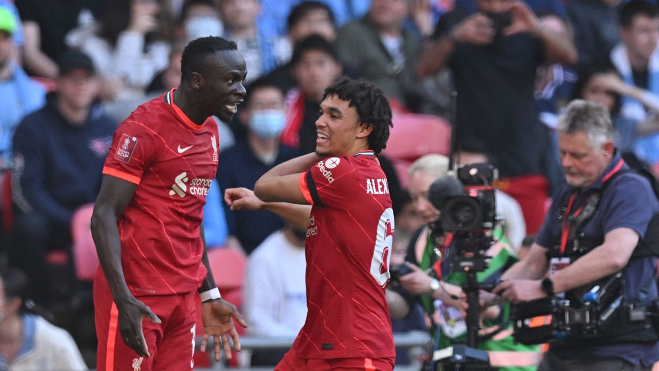 Sadio Mané celebrates one of his goals against Manchester City