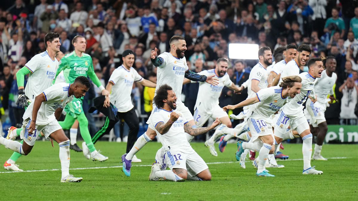 Real Madrid players celebrating reaching the Champions League final