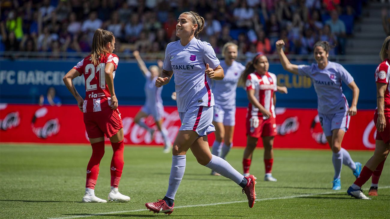 Irene Paredes celebrates her goal against Atlético (2-1)