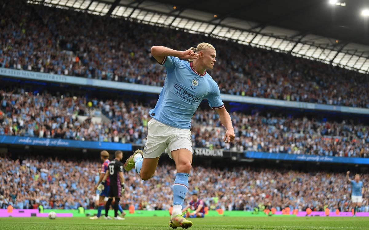 Haaland celebrates after scoring v Crystal Palace