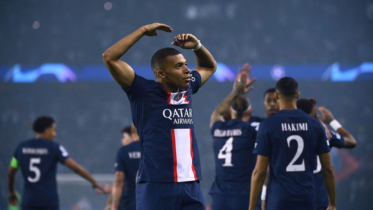 Kylian Mbappé celebrating one of his goals against Juventus (2-0)