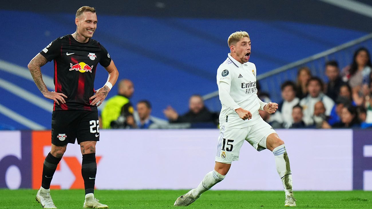 Fede Valverde celebrating his goal against Leipzig (1-0)