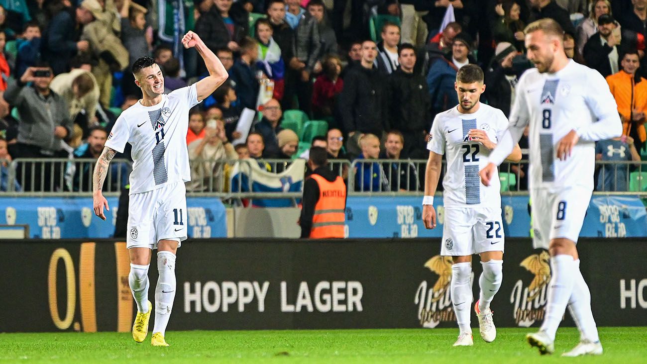 Benjamin Sesko celebrating a goal with Slovenia