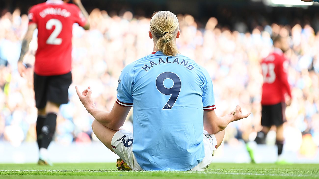 Haaland celebrando ante el United