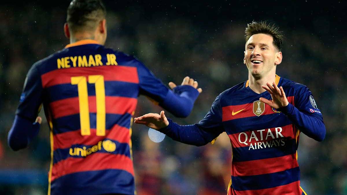 Neymar Júnior And Leo Messi celebrating a goal with the FC Barcelona in this 2015-2016