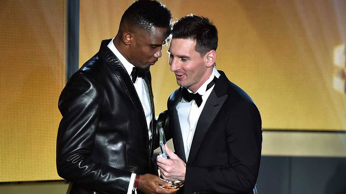 Samuel Eto'or and Leo Messi in the gala of the Balloon of Gold 2015