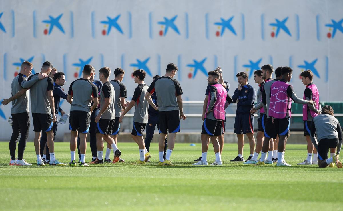 Barcelona's players take part in a training session