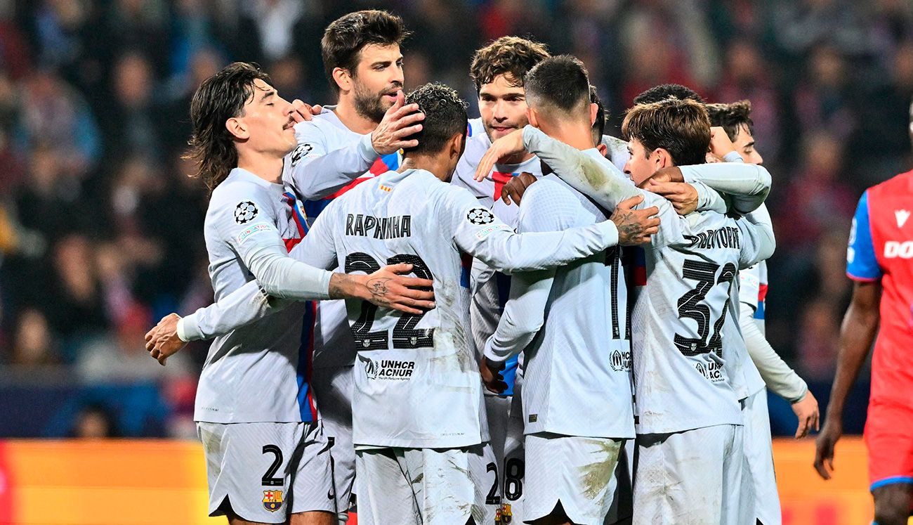 Barça celebrating a goal against Viktoria Plzen