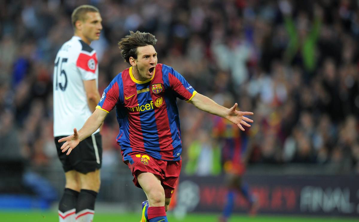 Messi festeja su gol ante el United