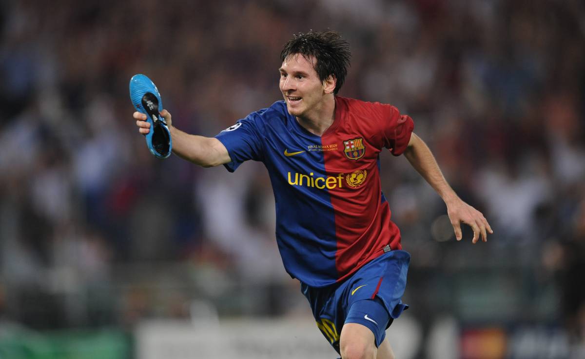 Messi festeja el gol del 2-0 en Roma 2009