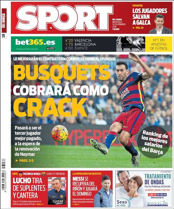 Cover of the newspaper sport, Wednesday 10 February 2016