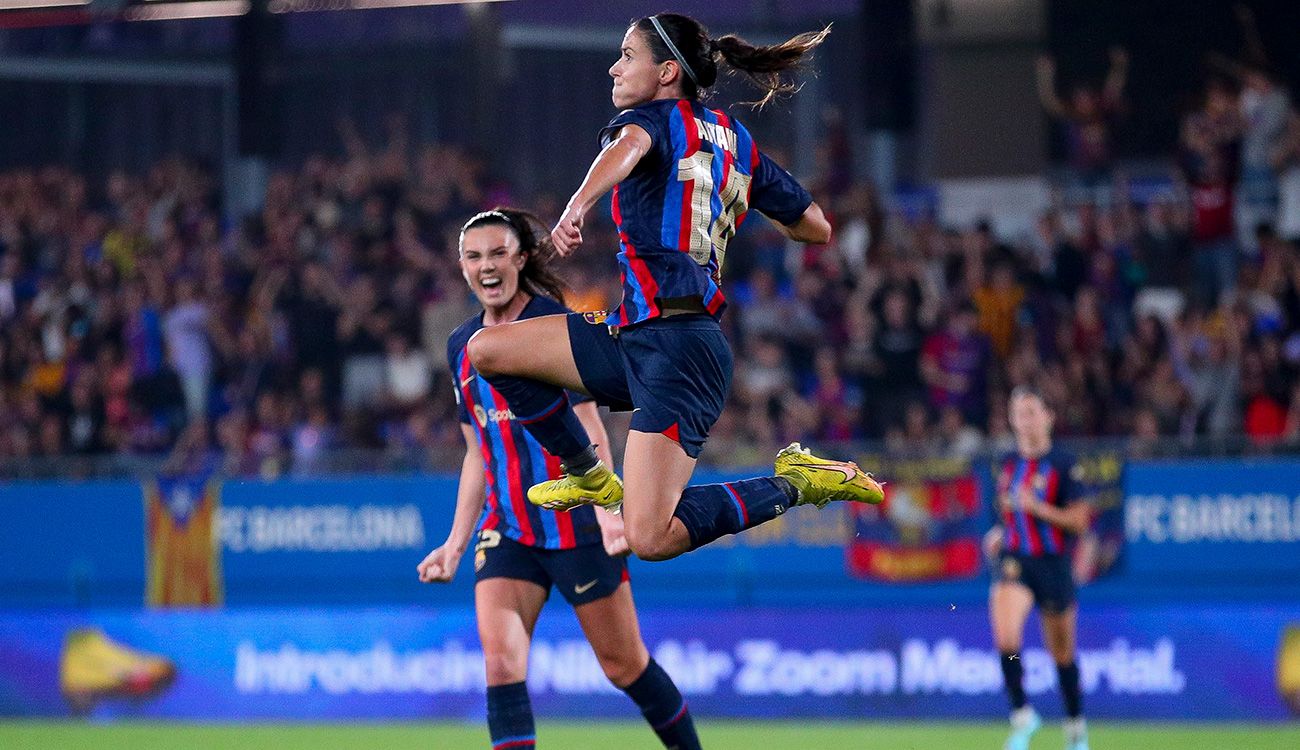 Aitana Bonmatí celebrating a goal with Barça Femení