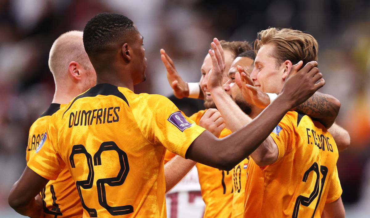 Dutch players celebrate after scoring v Qatar