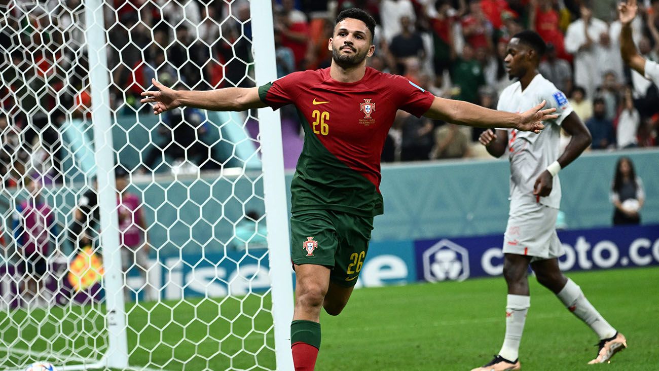 Gonçalo Ramos celebrates one of his three goals against Switzerland (5-1)