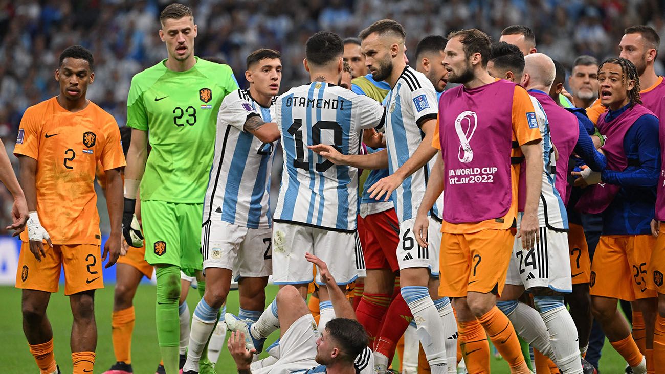 Players from Argentina and the Netherlands discuss during the match