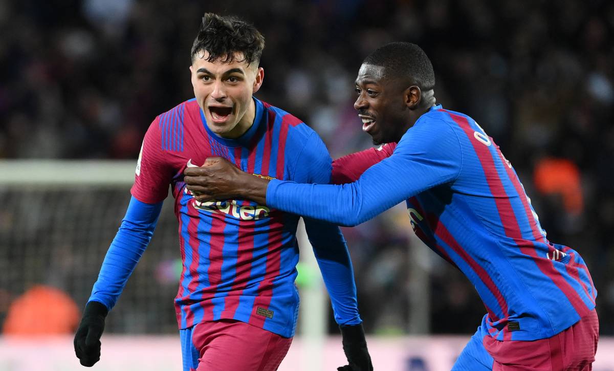 Pedri celebrates after scoring v Sevilla