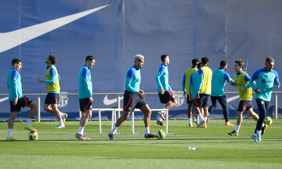 Barcelona's players take part in a training session