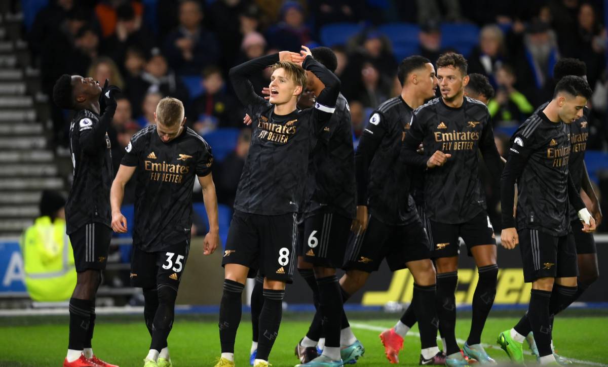 Odegaard celebrates after scoring v Brighton