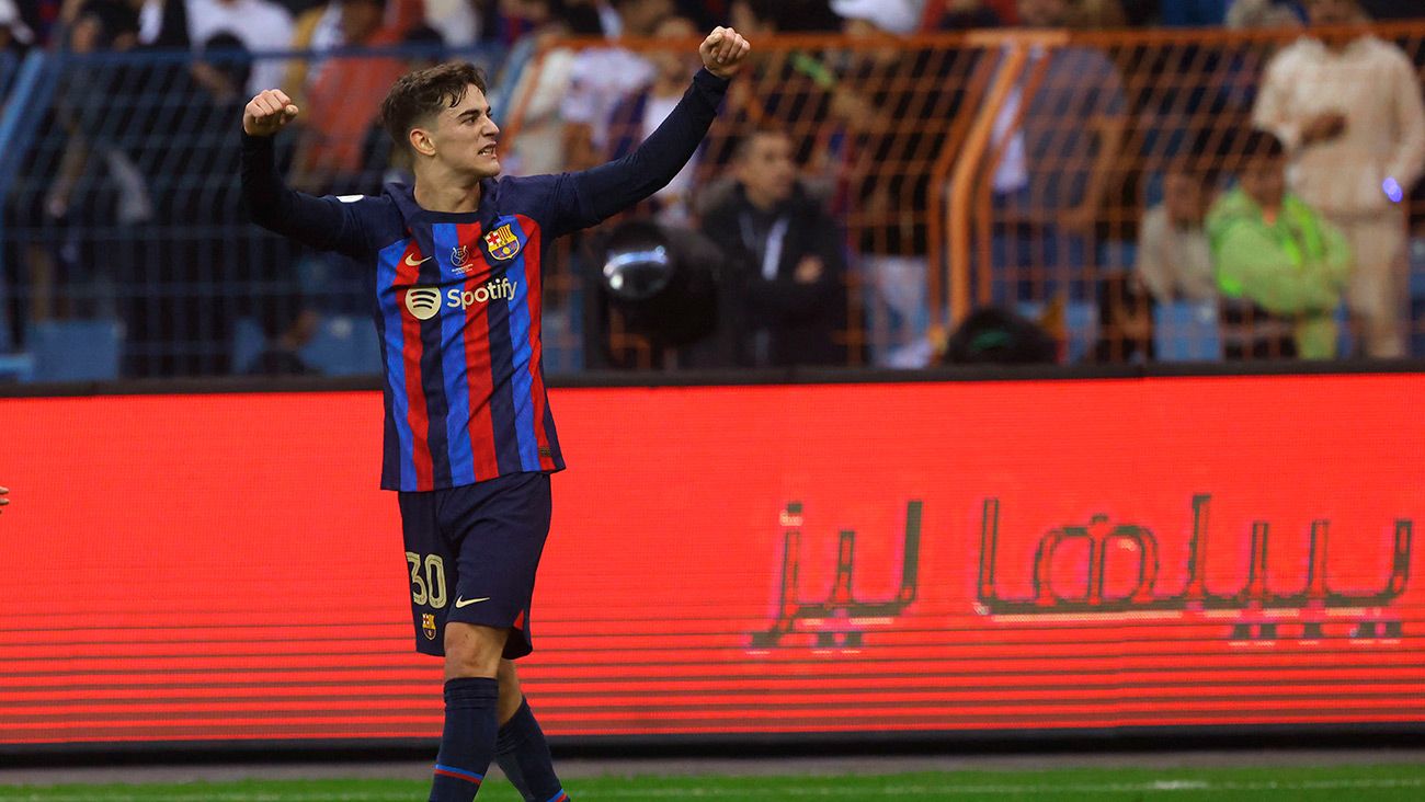 Gavi celebrando su gol en la Supercopa