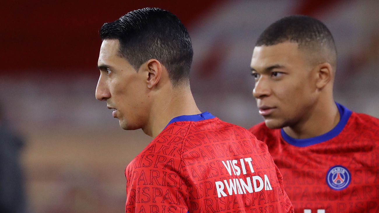 Ángel Di María y Kylian Mbappé en un entrenamiento con el PSG