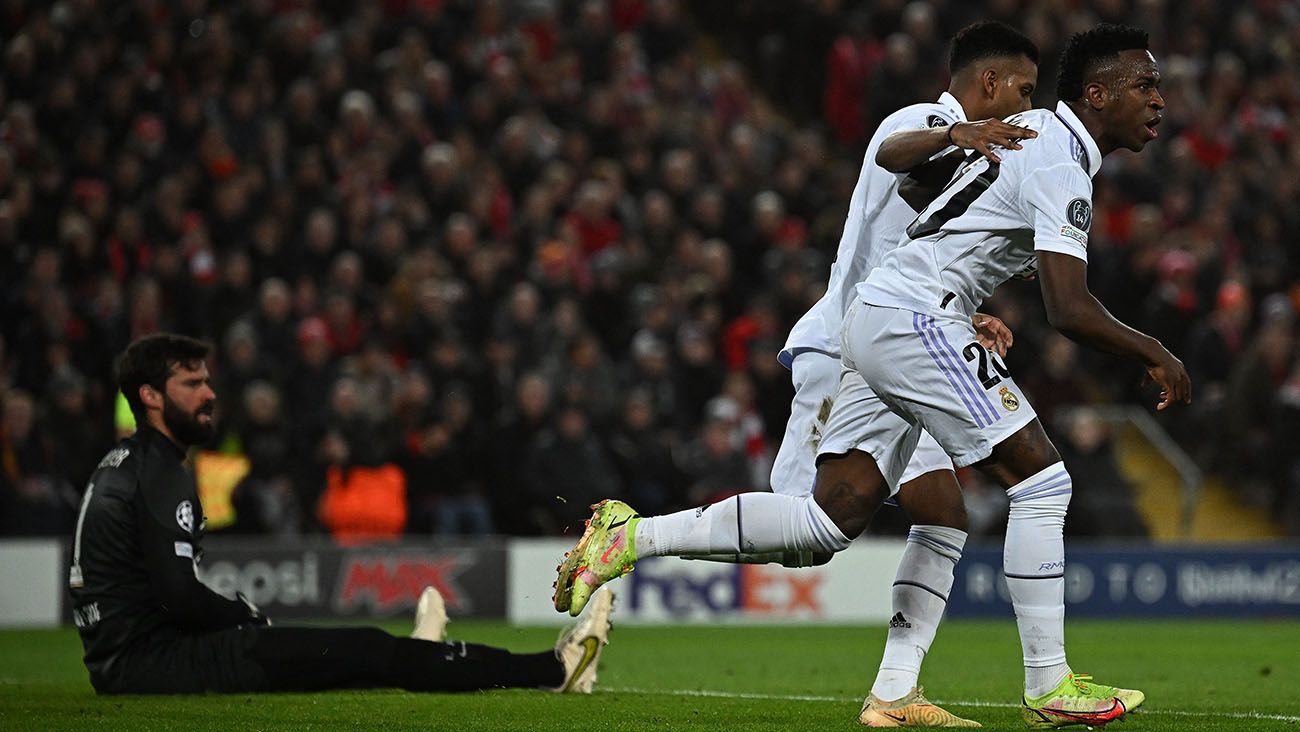 Rodrygo and Vinicius celebrate one of Madrid's goals against Liverpool