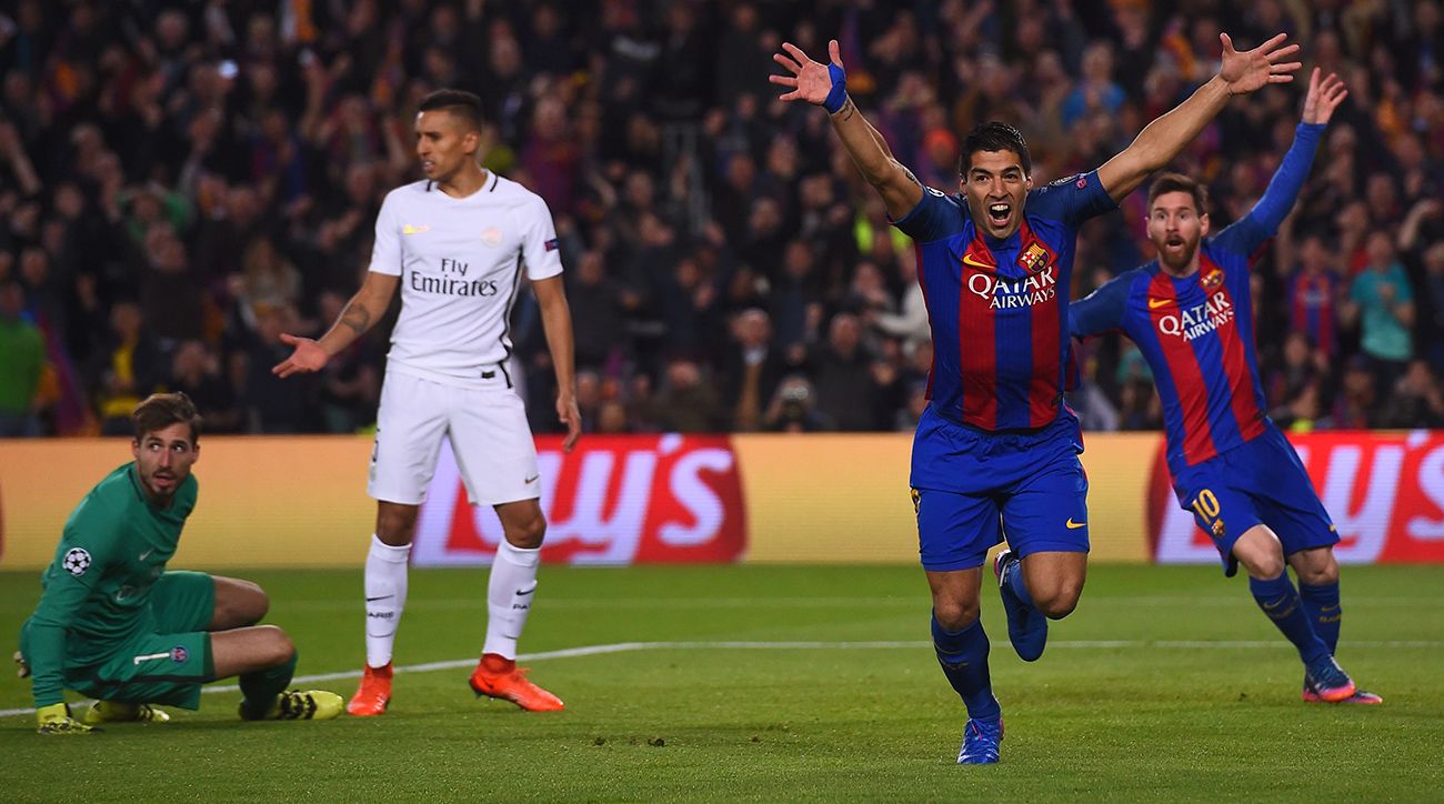 Luis Suárez celebra su gol ante el PSG