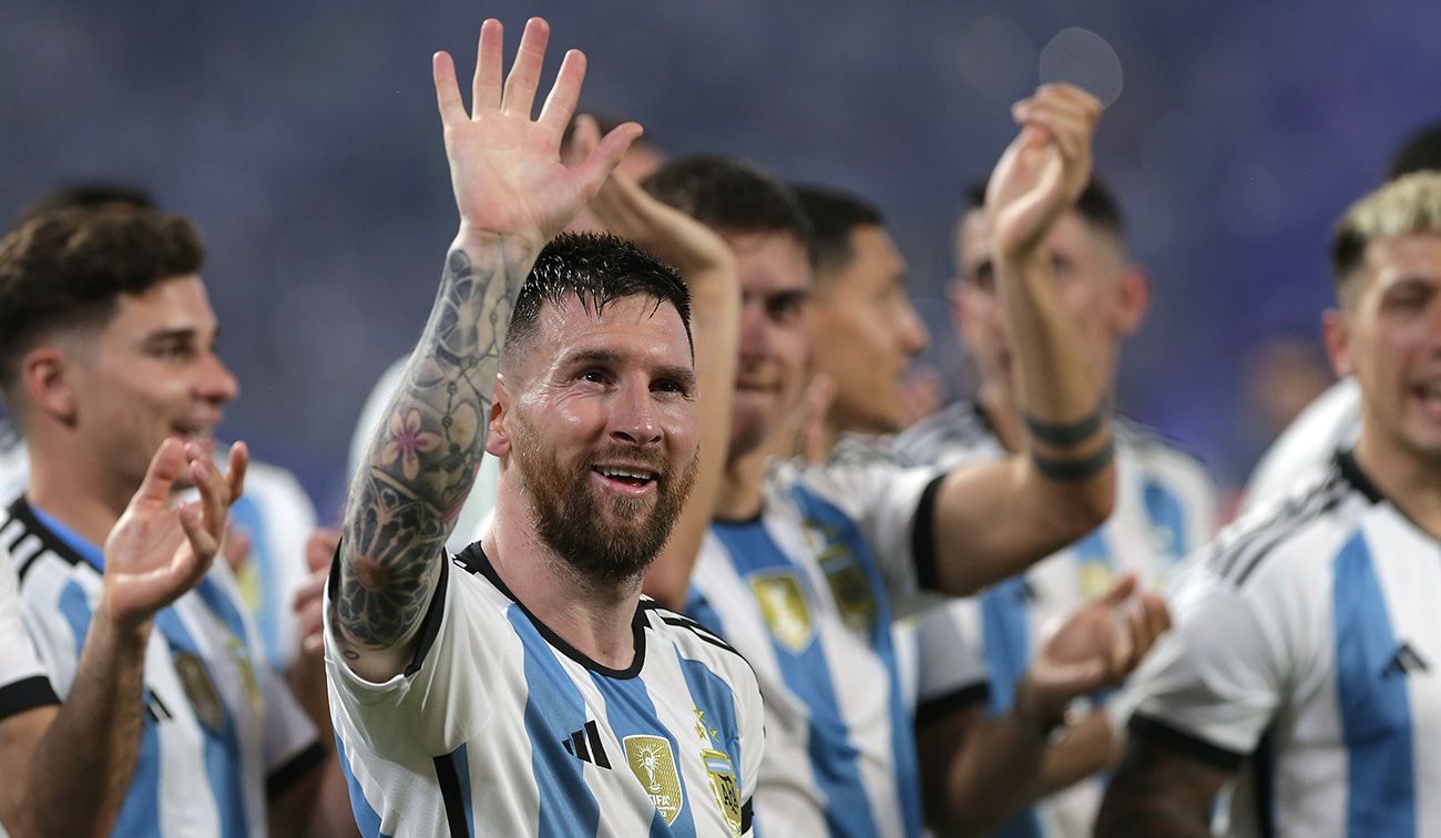 Messi celebrating with Argentina against Curacao