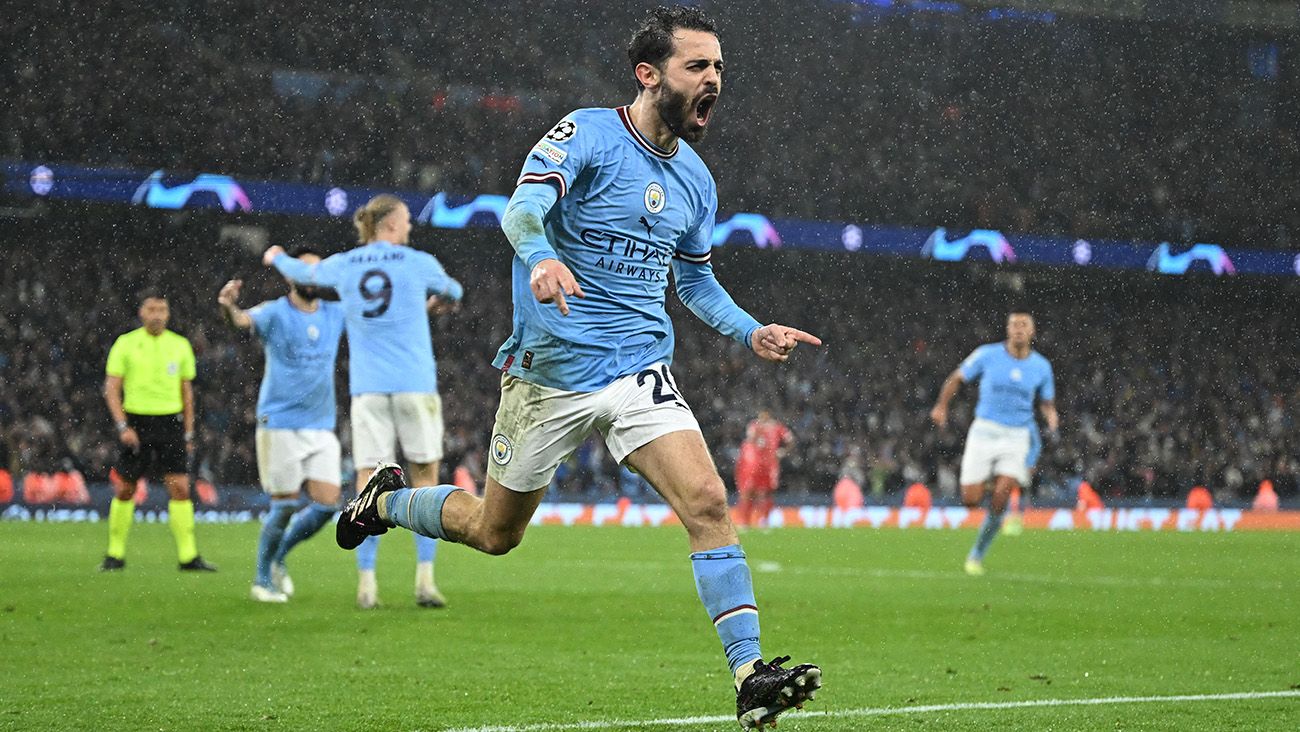 Bernardo Silva celebrating his goal against Bayern Munich (3-0)