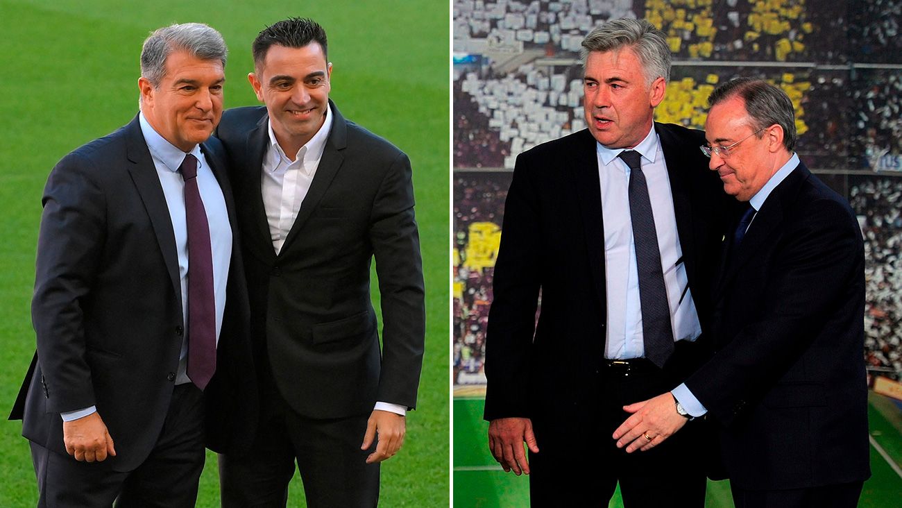Xavi y Laporta, con Florentino y Ancelotti a la derecha