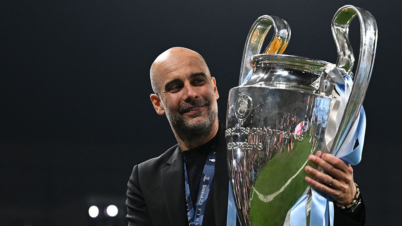 Pep Guardiola with his first Champions League with Manchester City
