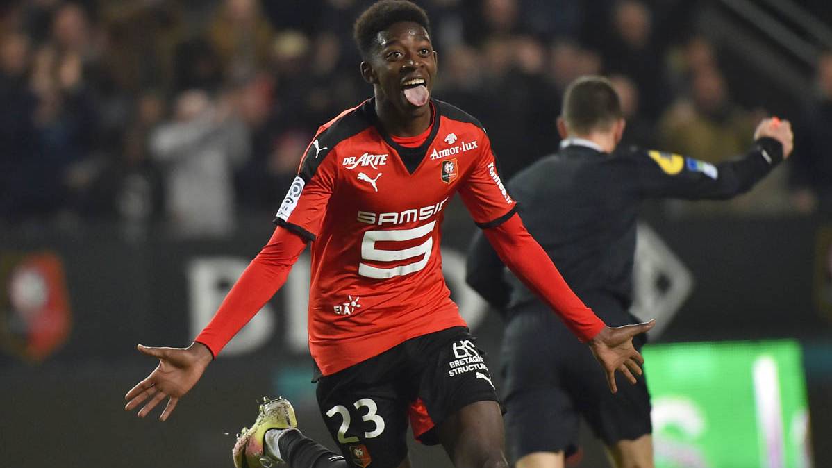 Dembélé, celebrating a goal with the Rennes this season