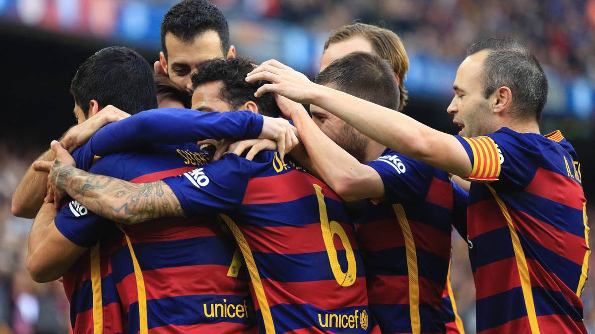 El FC Barcelona, celebrando un gol contra el Deportivo