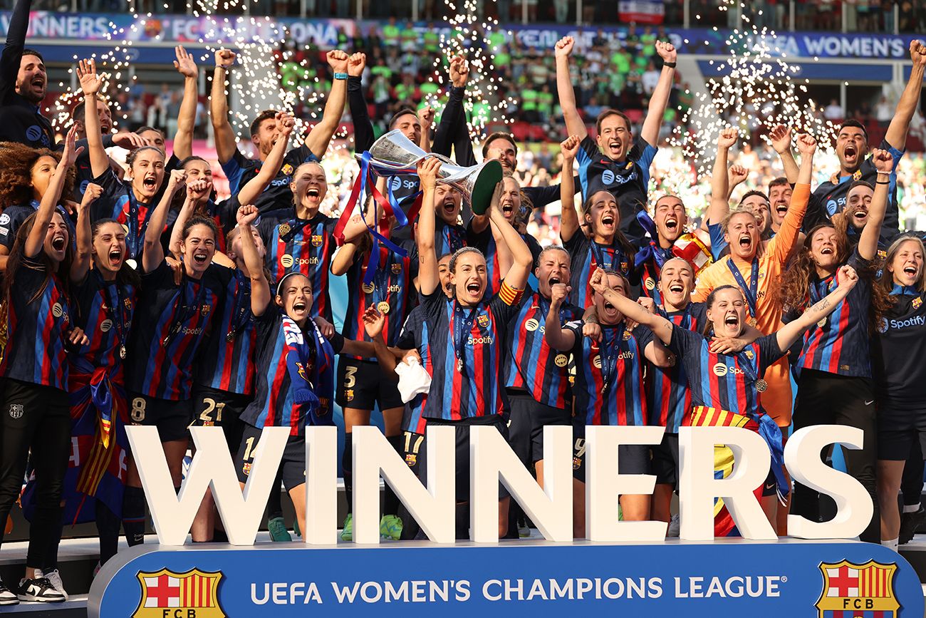 El Barça Femení festejando en la Woman Champions League