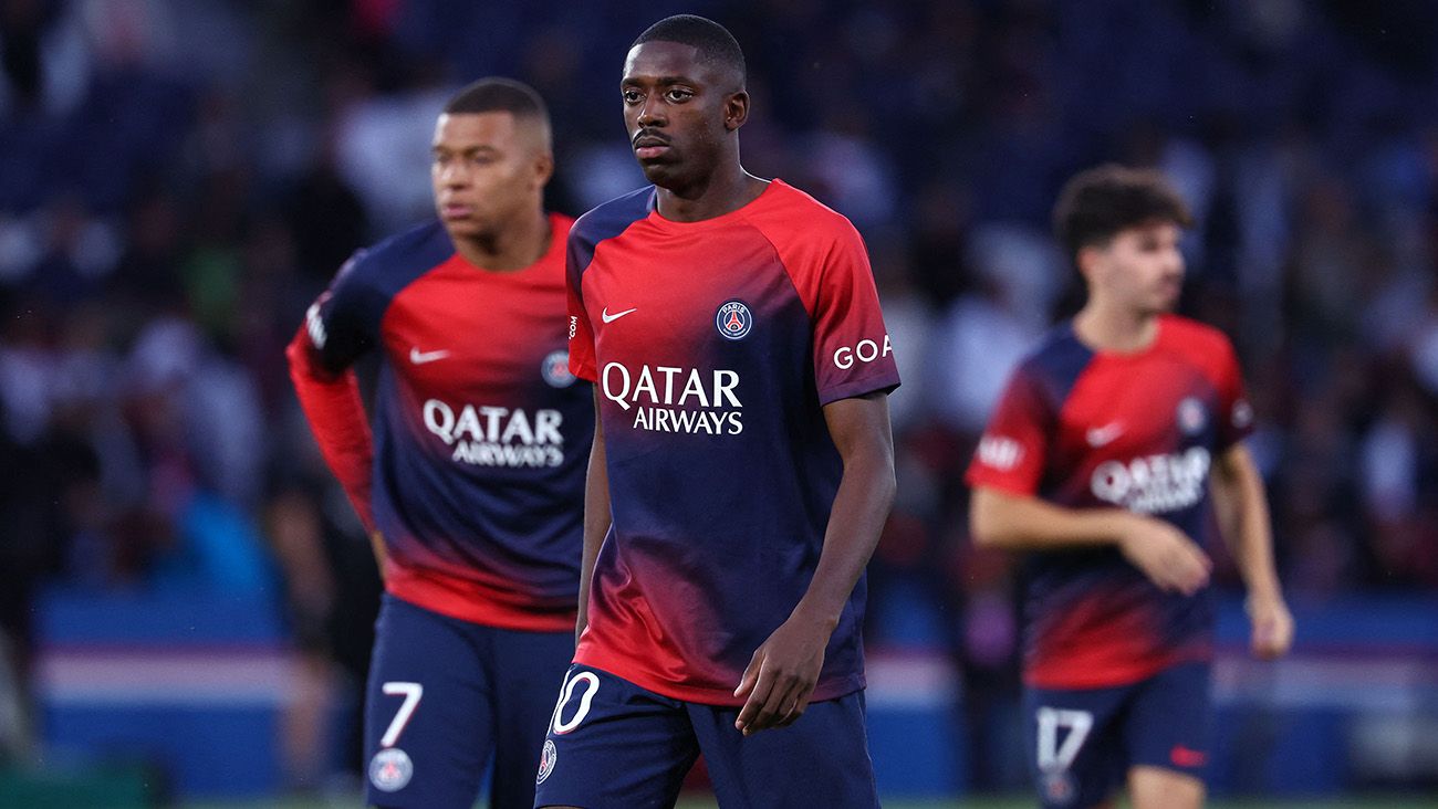 Ousmane Dembélé y Kylian Mbappe en un calentamiento con el PSG