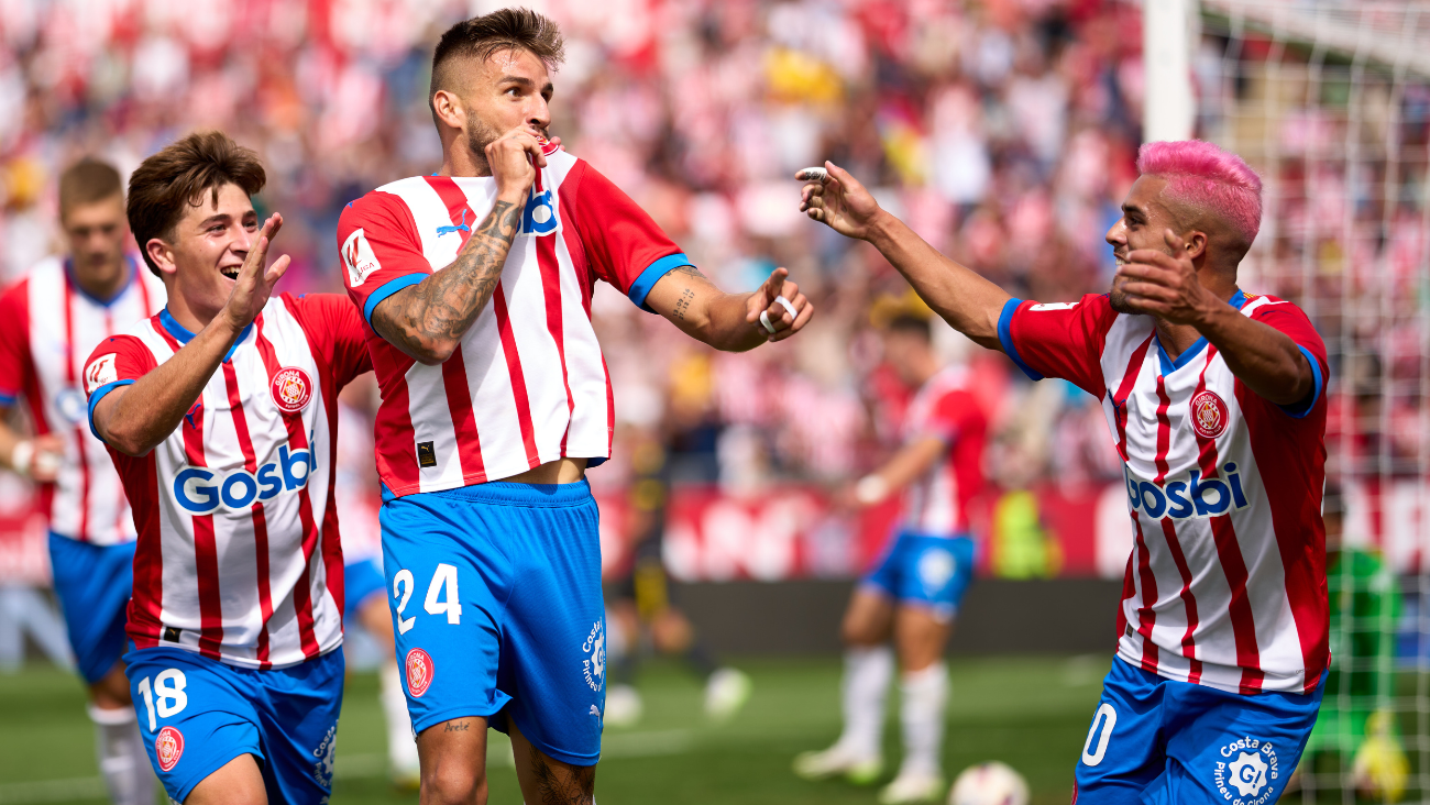 Pablo Torre y Portu celebran un gol con el Girona ante Las Palmas
