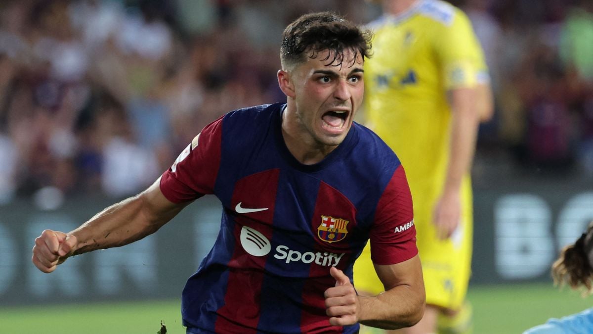 Pedri González celebra un gol con el Barça