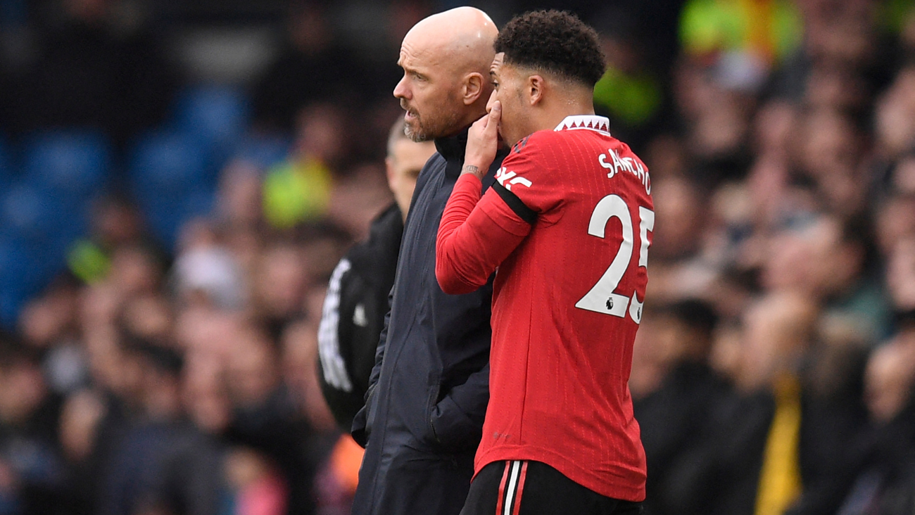 Erik Ten Hag y Jadon Sancho en el Manchester United Erik Ten Hag y Jadon Sancho en el Manchester United