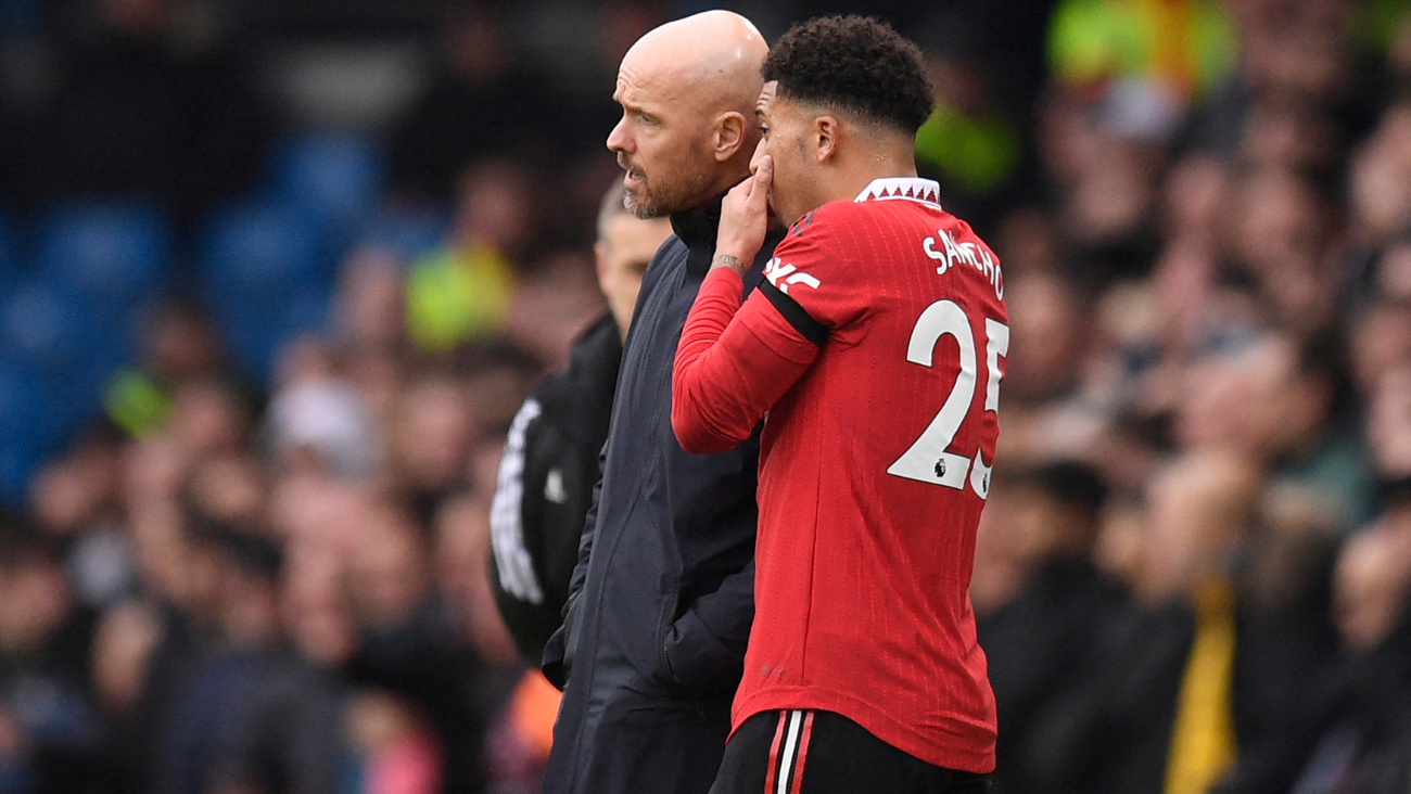 Erik Ten Hag y Jadon Sancho en el Manchester United