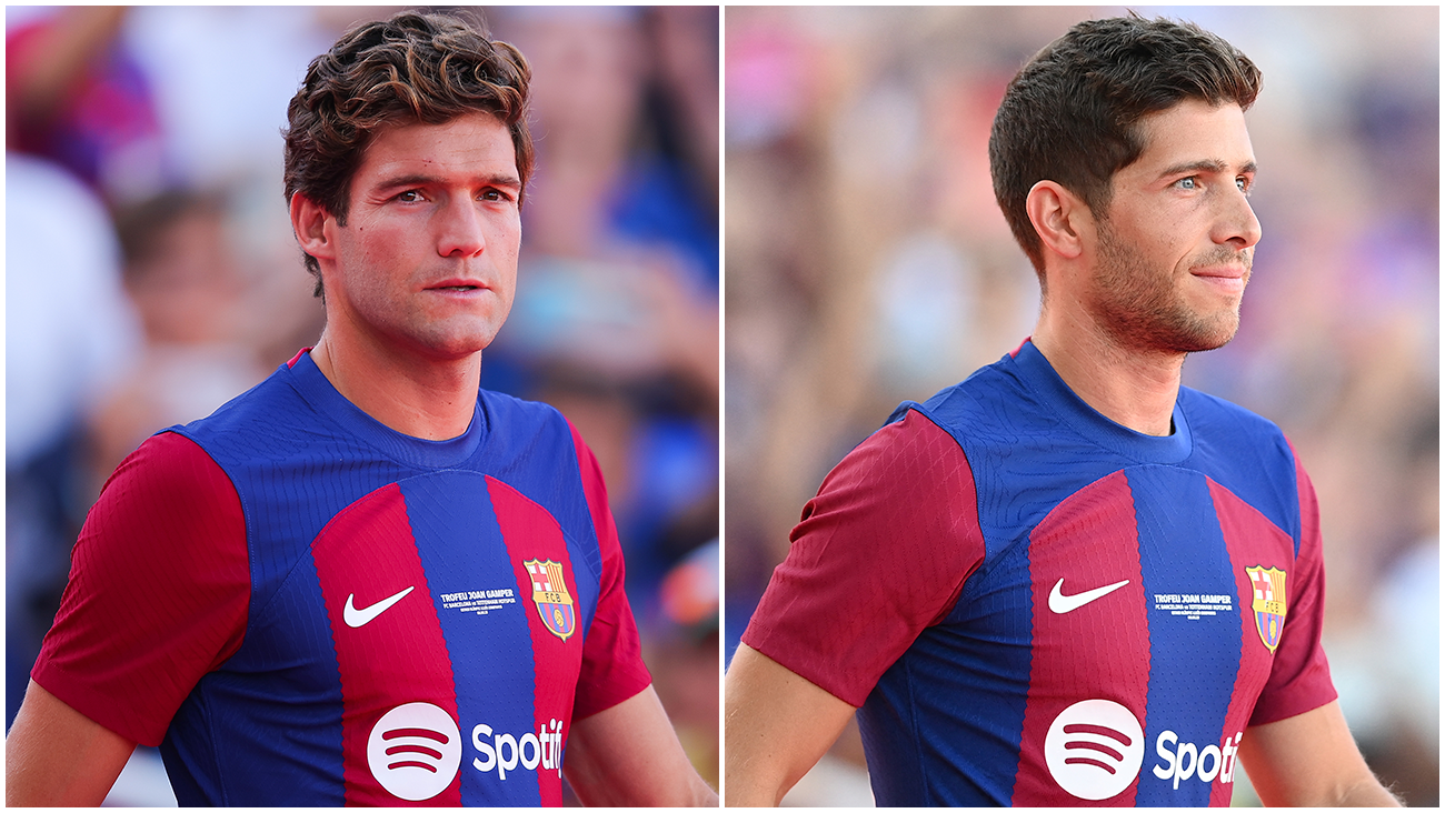 Sergi Roberto y Marcos Alonso con el Barça