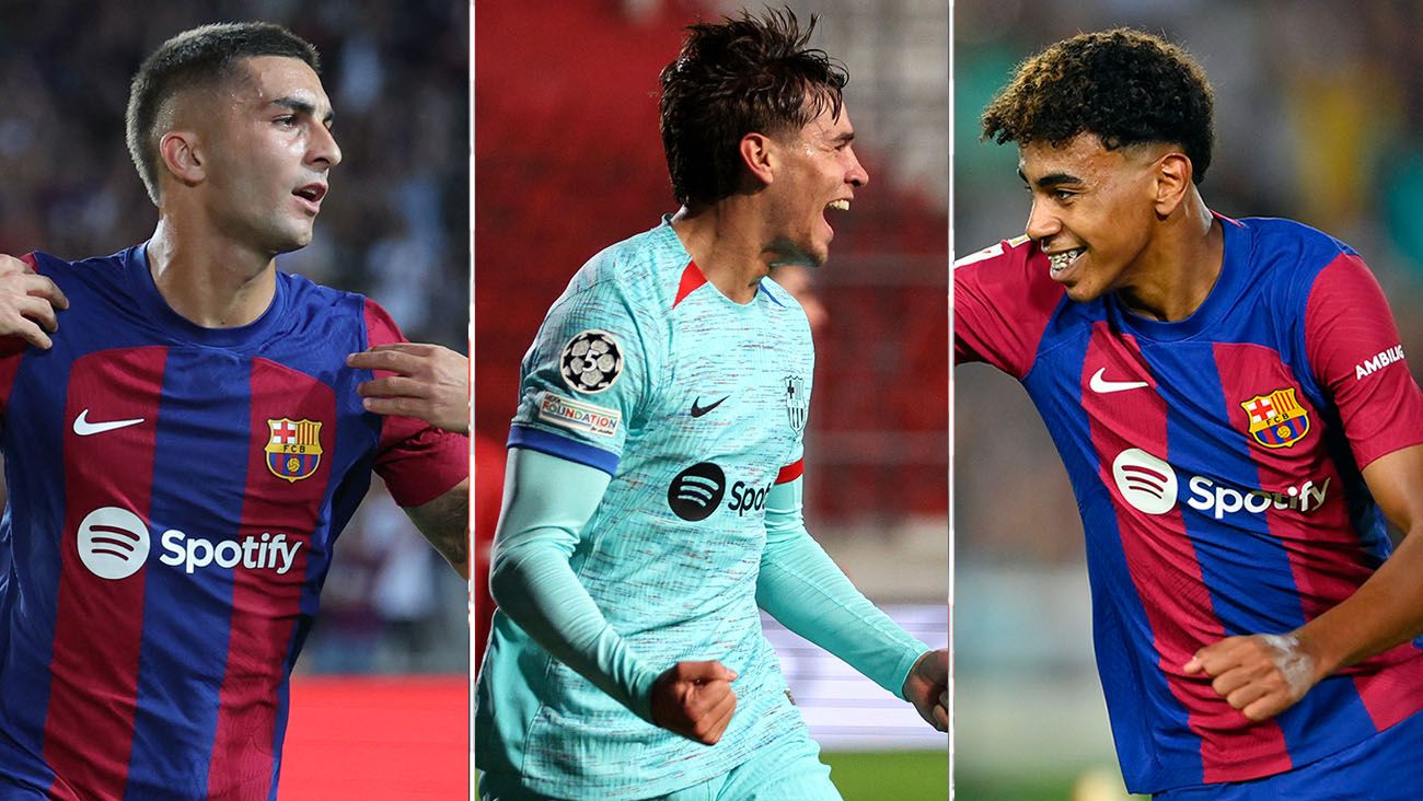 Ferran Torres, Marc Guiu and Lamine Yamal with Barça