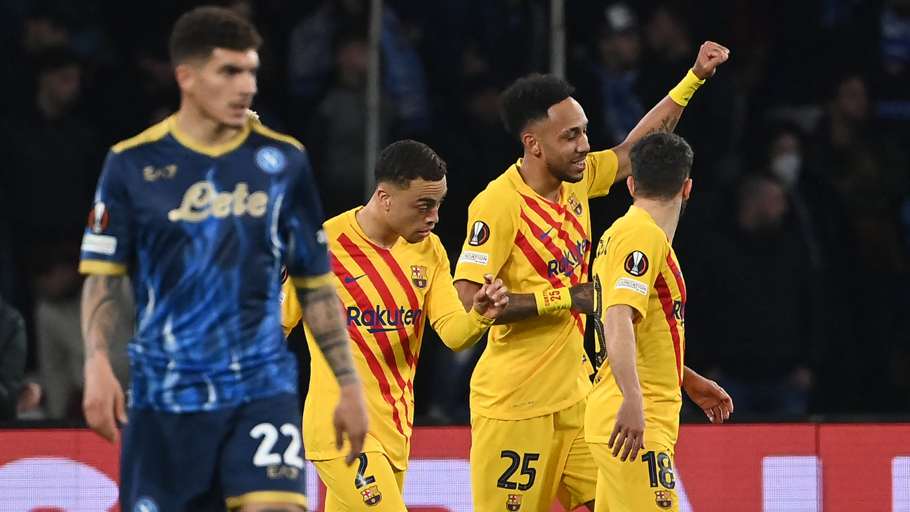 Jugadores del Barça celebrando una anotación ante el Napoli